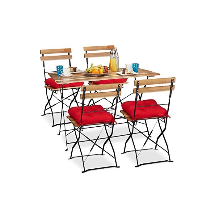 9 Tlg Gartensitzgruppe Aus Holz Natur Gartentisch Und Gartensthle Klappbar Rote Stuhlkissen Mit Schleife 4 Personen