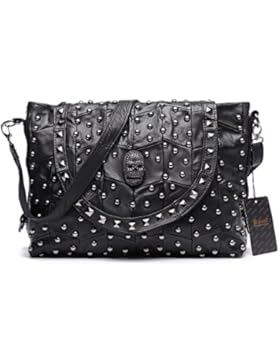 Jonon Damen Umhängetasche, echtes Leder, Lammfell, Nieten, Totenkopf-Symbol, Schultertasche, Handtasche