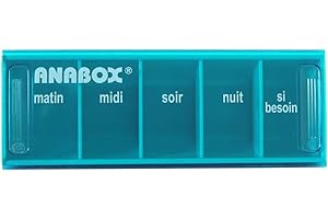 Anabox - Pilulier journalier 5 compartiments - Organisateur de médicaments quotidien Turquoise - Cases Matin Midi Soir Nuit + Urgence - Système sécurisé - Lavable lave-vaisselle
