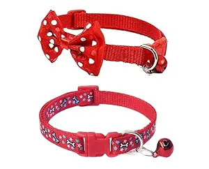 Fondle Cat Collars Cute Bow-tie and Fancy Bone Printed Collar with Bell, Safety Identification Collars for Puppy, Kitten and Small Pets RED Pack of 2
