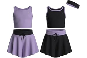 Essenclo Flowy Girls Butterfly Shorts Skirts w/Pockets & Athletic Sleeveless Tank Tops, Dance Tennis Cheer Running (5pc Set)