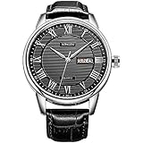 Songdu Herren-Armbanduhr, großes Zifferblatt, schwarzes Zifferblatt mit Tagesdatum, Kalender, römische Ziffern und schwarzem Lederband