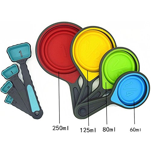 klappbar Backen Messbecher und Löffel Set – Bunt und flexible Backen Werkzeuge Ideal für Zuhause Backen, Kochen, Outdoor Picknick oder Camping, Set von 8 - 9