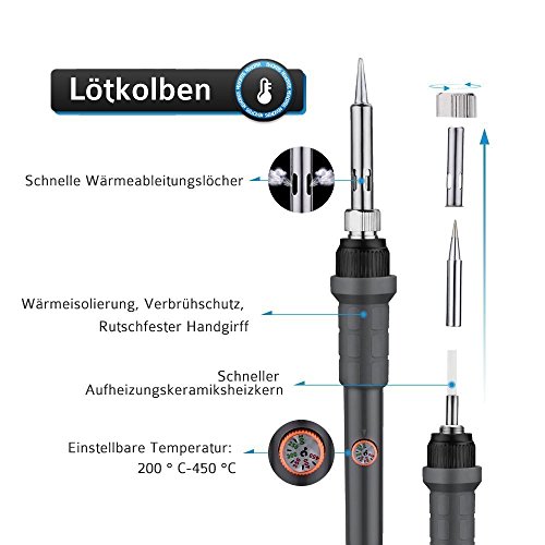 Lötkolben, HoLife Lötset【Neuste Version】60W Lötstation Einstellbarer Temperatur (200°C-450°C) mit 5pcs Eisen Lötspitze, Solder Sucker, Lötkolben Ständer, Lötzinn, Pinzetten für Holz, Brandmalerei,usw (60W 220V) - 2