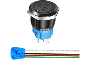 GEBILDET Interruptor de Botón con Pestillo de Acero Inoxidable de 19mm 12-24 V/5 A Símbolo de Alimentación LED 1NO1NC ON Off, Interruptor de Palanca Impermeable con Enchufe de Cable (LED Azul/Carcasa Negra)