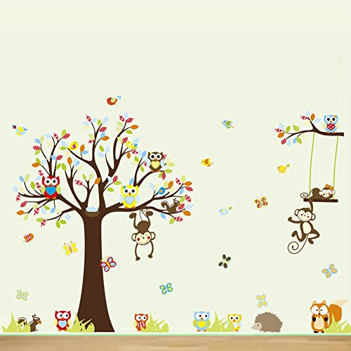 Wand Sticker Aufkleber Papier Kunst Dekoration Fröhliche Tiere Löwe Wald Baum Deko Dschungel-Affe-Waldtierwandaufkleber Eichhörnchen und Eule Schaukel Spiel - 7
