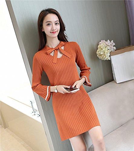 LDQ Autumn and Winter Organ Flush Leaf Sleeves V Collar Collar with Thin Vertical Needle Knit Dress,Chocolate color,All code