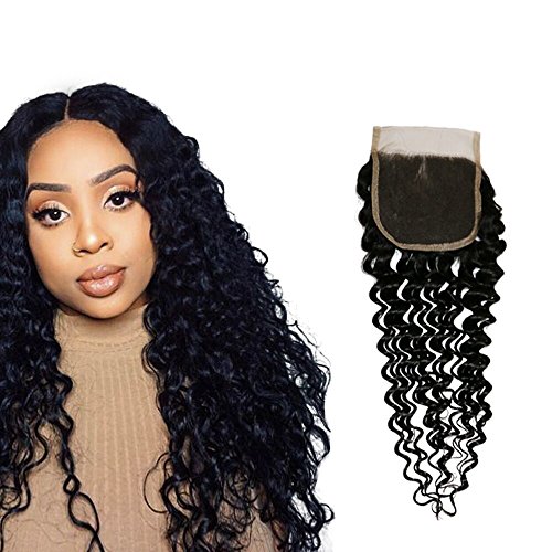 RISSING HAIR Brazilian Virgin Human Hair Deep Wave Lace Closure, Deep Wave Curly Brazilian Virgin Hair Closure 4*4 Inch 100 Unprocessed For Black Women, Free Part Natural Color (10 inch lace closure)