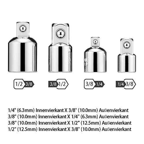 JTENG Akkuschrauber Stecknuss Adapter Steckschlüssel Nuss Set 3-teilig 1/4 3/8 / 1/2 Zoll + Stecknuss Adapter 4-tlg 1/4 auf 3/8 – 3/8 auf 1/4 Zoll – 3/8 auf 1/2 – 1/2 auf 3/8 - 2
