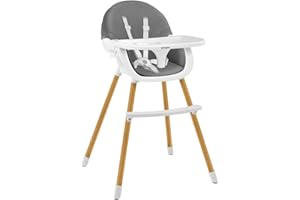 TULANO Morsel Grey | Kinderhochstuhl 2 in 1 Hochstuhl Babystuhl Kombihochstuhl | Abnehmbare Tablett | 5-Punkt-Gurt | Fußstütze | Rutschfeste Beine Holz | Mitwachsend ab 6 Monate bis 6 Jahre | Grau