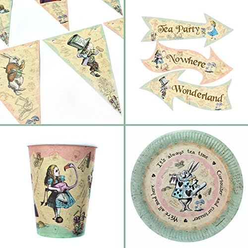 Vintage Alice in Wonderland Party Bundle including Party Paper Plates, Paper Cups, Signs, Bunting for 8 Guests