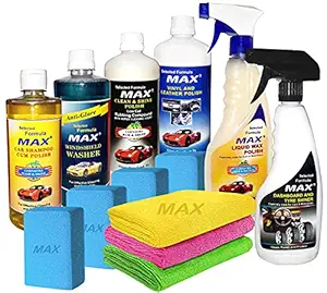 MAX Professional Car Care Kit (Pack of 13 Pieces) - Contains 6 Products of 500 ML Each, 4 Pieces Foam Applicators and 3 Pieces Microfiber Cloth for Cleaning, Washing, Rubbing and Polishing Your Cars