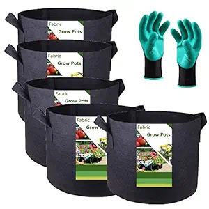 Tespher Professional 5-Pack 2 Gallon Round Fabric Grow Pots/Grow Bags with Coated Garden Gloves,Root Aeration Containers Plant Bags Flower Pouch Vegetable Container Planters