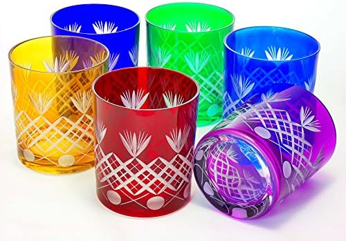 SET OF SIX WHISKY GLASSES, HAND CUT WHISKEY TUMBLERS, LEAD-FREE CRYSTAL GLASS, BOHEMIAN, MULTI COLOR - RED BLUE YELLOW LIGHT BLUE GREEN AND PURPLE, 320 ML