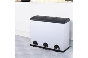 STARNINE 45L Triple Compartment Recycling Bin 3 Compartment Kitchen Pedal Dust Bin Stainless Steel Commercial Waste Bin With Free 28 Roll Bin Bag Liners & Stickers (White, 45L)