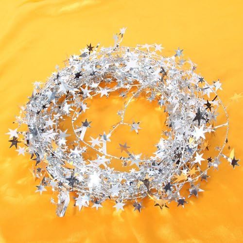 EOWDER Approx. 7 m Silver Star Tinsel Garland Christmas Decoration