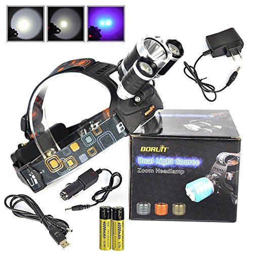 Boruit Led stirnlampe kopflampe Front-LED-Lampe wiederaufladbare T6 + 2 R5 Violete Licht-Taschenlampen-bewegliche helle Radfahren Wasserdicht 3 Modi Scheinwerfer Projektor für den Außenreitnachtangeln Camping Wandern Laufen Radfahren Scaling Walk – Charger EU - 6
