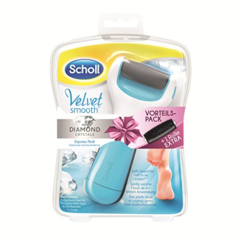 Scholl 3008847 Velvet Smooth Express Pedi elektrischer Hornhautentferner (mit Diamantpartikeln, Vorteilspack - Blauer Pedi mit gratis Ersatzrolle)