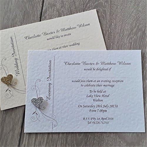 10 Personalised wedding day or evening night invitations with envelopes, Elegant glitter heart, ivory or white hammered card