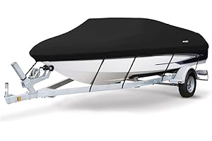 MSC Heavy Duty 600D Marine Grade Polyester Canvas Trailerable Waterproof Boat Cover,Fits V-Hull,Tri-Hull, Runabout Boat Cover (Model F - Length19'-20' Beam Width: up to 96", Black)