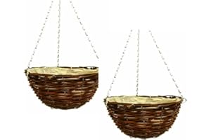 shopior Wicker Basket Planters – Natural Rattan Willow Hanging Flower Pots with Polythene Liner & Metal Chain – Large Decorative Hanging Planters for Indoor & Outdoor Garden, Balcony, 30cm 12Inch (2)
