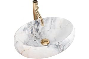 GTM Design Keramik Waschbecken - Aufsatzwaschbecken fürs Badezimmer - Waschbecken Oval - Design Waschbecken im modernen Stil - Weißer Granit - 48,5x34x14,5 cm