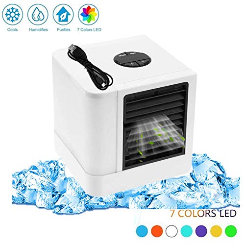 Aire acondicionado portátil Air Cooler, enfriador de aire USB, humidificador, purificador de aire, enfriador de aire, 7 luces de ambiente, Blanco