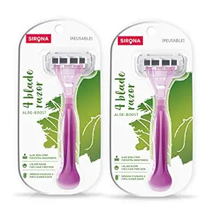 Sirona 4 Blade Reusable Hair Removal Razor for Women with Aloe Boost for Smooth Arms, Legs, Underarms & Bikini Line ? 2 Pcs