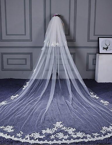 FJY&amp;G One-tier Cut Edge Lace Applique Edge Wedding Veil Cathedral Veils 53 Scattered Bead Floral Motif Style Appliques Lace Tulle , ivory