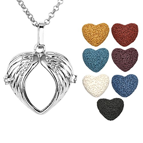 JOVIVI Herz Aromatherapie Ätherische Öle Diffusor Halskette Hollow Engelsflügel Medaillon Locket Anhänger 7x Lavastein
