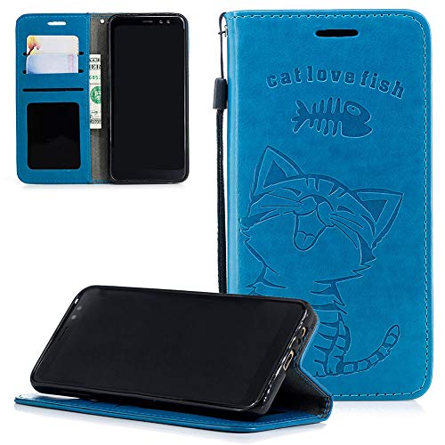 Preisvergleich Produktbild ZCXG Galaxy J6 2018 Hülle,Weich Slim Madam Frauen Brieftasche Hülle Leder Magnet Ständer Katze Niedlich Kartenhalter Geldbeutel Kreditkartenhüllen Handyhülle Samsung Galaxy J6 2018 Blau