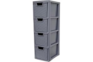 KYY'Z Rattan Effect 3 Drawer Plastic Storage Organizer- Multipurpose Storage Drawer Unit Home Kitchen Office School Garage Bedroom Bathroom Stationery Toys 25Dx19Wx 48Hcm (Grey, 4 Tier)