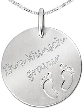CLEVER SCHMUCK-GRAVUR-SET Anhänger zur Geburt Form rund matt mit 2 Füßchen glänzend und Kette STERLING SILBER...