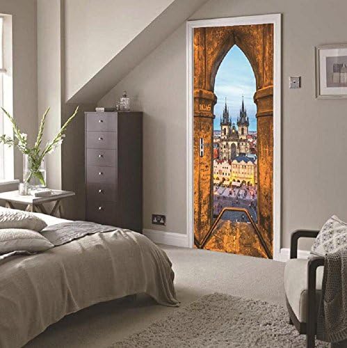 YYH 3D Prague Place Church House Door Sticker for Living Room Personality DIY Decoration Removable PVC Home Wall Decor Wallpaper