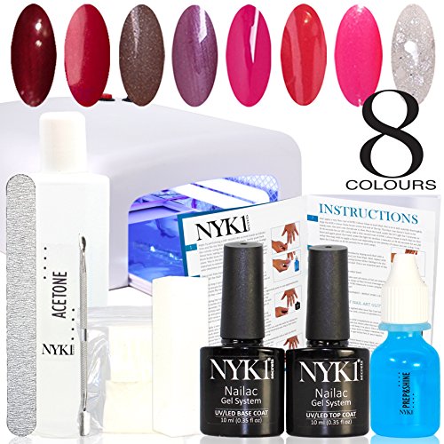 NYK1 Essential Shellac Kit HOLLYWOOD 8 Colours Gel Nail Shellac Starter Kit. Salon Perfect Gel Manicure and Pedicures. 36w UV Lamp, 10ml Prep&Shine Sticky Residue Remover, 200 Lint Free Wipes, White Block Buffer, Jumbo Nail File, 100ml Acetone Remover, Metal Cuticle Pusher, Top Coat and Base Coat already included with Full NYK1 Simple Instructions