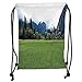 Produktbild ZKHTO Drawstring Sack Backpacks Bags,Yosemite,Lushgreen Meadow in Yosemite Valley with Trees Forest Mountain Cloudy Day Photo,Green Grey Soft Satin,5 Liter Capacity,Adjustable String Closure,