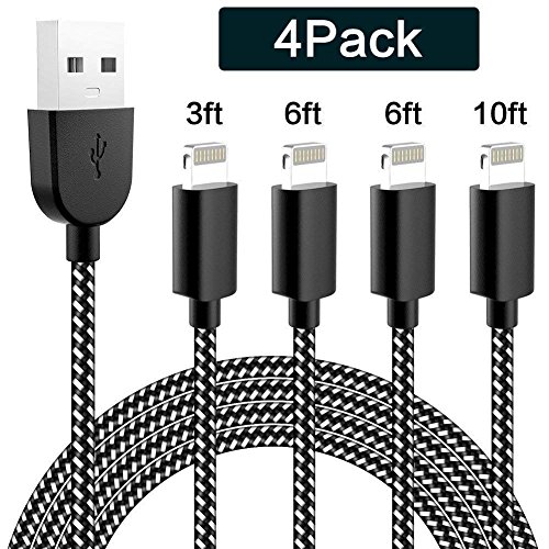  4-Pack 1 2 2 3M  C  ble iPhone TNSO iPhone C  ble Lightning vers USB de Nylon Tress   Connecteur en Aluminium pour iPhone X  8 8 Plus  7 7 Plus 6S 6S Plus  6 6 Plus iPad   Noir et blanc   