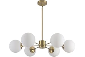 KCO Lighting Lampadario Sputnik da Soggiorno in Oro Vintage con 6 Globi di Vetro Bianco, Luce a Sospensione Minimalista a 6 Luci con Adattatore per Cucina, Camera da Letto
