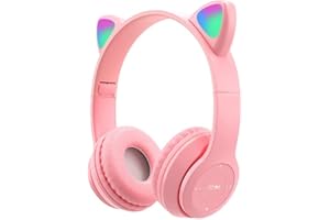 arVin Kinder kopfhörer, Kinderkopfhörer mit LED Leuchten und Mikrofon, steckbar, TF Karte verwenden, faltbares drahtloses Bluetooth Stereo Rosa Headset