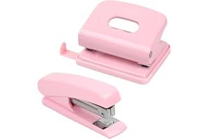 Cozlly Pink Hole Punch and Mini Stapler Set: Ergonomic Table Stapler for Office, Study, Home