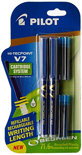 Pilot V7 Hi-tecpoint Roller ball pen with Cartridge System - 2 Blue Pens, 4 cartridges