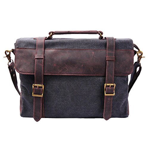 S-ZONE 14 Inch Vintage Aktentasche Arbeittasche Messenger Bag Umh  ngetasche Schultertasche Laptoptasche aus Canvas Leder  Dunkel Grau 