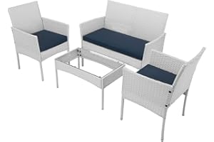BAKAJI Set Salotto Giardino Completo di Divano 2 Poltrone e Tavolino con Ripiano in Vetro, Salottino da Esterno con Struttura in Polyrattan Bianca, Cuscini Sfoderabili Terrazzo, Balcone, Bar (Bianco)