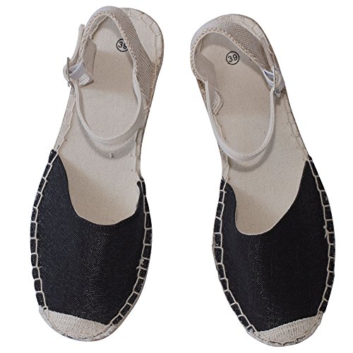 Japanwelt Damen Espadrilles Glitzer Canvas Sandalen Offen mit Riemchen Sommerlatschen Leinen Schwarz Beige Größe 39 - 8