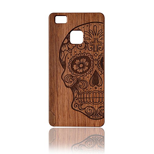 Sunroyal   Funda Madera Huawei P9 Lite Wooden de Bamb   Natural de la Trasera Cubierta Lujo Bumper Shell para el Huawei P9 Lite  Ultra Slim  Retro Carcasa Absorci  n de Impactos Madera Real Duro de Parachoques M  vil -Skull Cr  neo