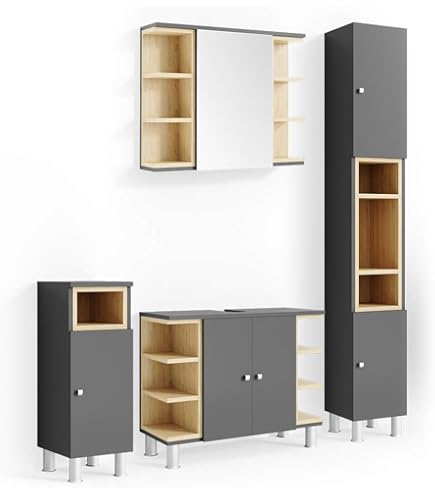 Mobiletto Bagno Fynn - Antracite/Quercia Dorata, 30x95x30 Cm, Con Ripiani Regolabili - Foto 6