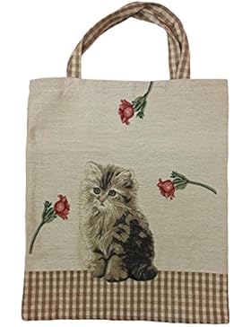 Einkaufstasche, Stofftasche Leinen 40 x 32cm, Motiv Katze, Einkaufsbeutel Gobelin-Stil