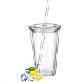 Reusable Plastic Cups, Double-Walled Transparent Drinking Cup with Straw, Reusable Cups, Suitable for Fruit Juice, Coffee (500 ml)