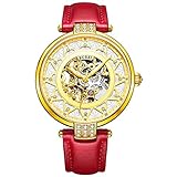 BUREI Damen Mechanische Skelett Automatikuhr Gold Gehäuse Uhr mit Kratzresistenter Saphirglas und Rot Lederband