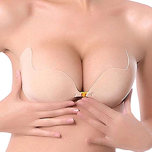 Woboren Womens Ladies Sexy Reusable Invisible Magic Strapless Self Adhesive Push-up Bra Stick On Gel Backless Silicone Bras (E, Mango Beige)